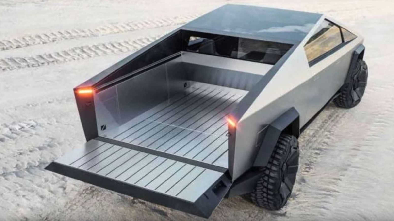 The Tesla Cybertruck with its bed open