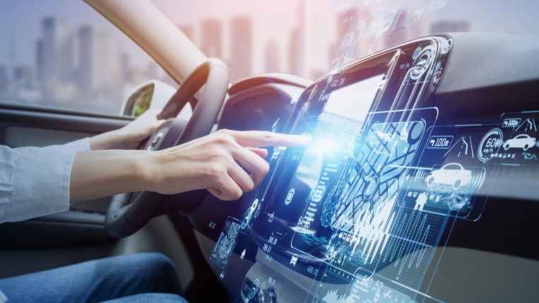 Futuristic Vehicle And Graphical User Interface(GUI). Intelligent Car. Connected Car. Internet Of Things. Heads Up Display(HUD).