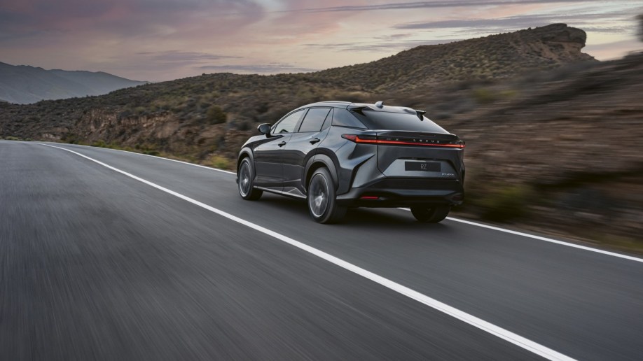 The 2023 Lexus RZ seen from a rear quarter angle