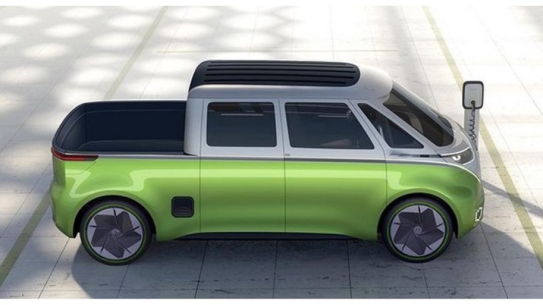A digital rendering of a VW ID.Buzz based pickup truck teased by a former VW design lead
