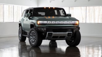 The 2023 GMC Hummer SUV seen from a front quarter angle