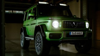 The 2022 Mercedes-AMG G63 4x4-squared seen from a front quarter angle