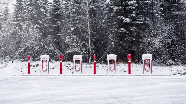 Tesla Superchargers in the snow.