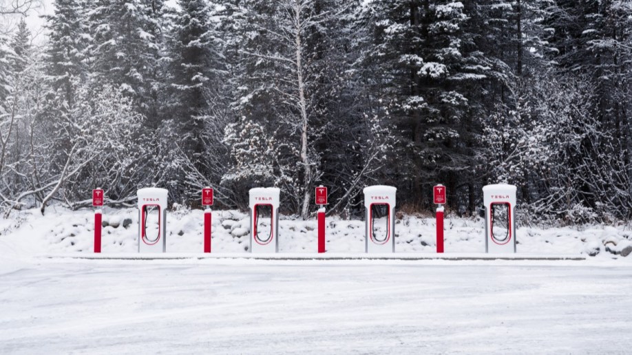 A row of four Tesla superchargers sits in the snow in front of a forest. They all sit unused.