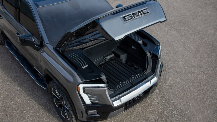Silver 2024 GMC Sierra EV Denali Edition frunk detail.