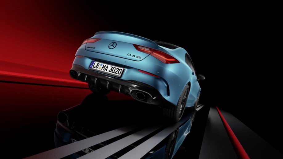 The 2024 Mercedes-AMG CLA 45 S seen from a rear quarter angle