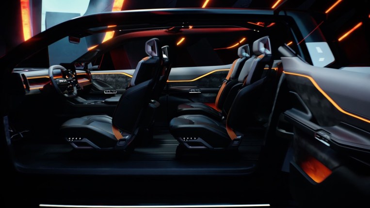 The Ram 1500 Revolution electric truck concept seen with its saloon-style doors open