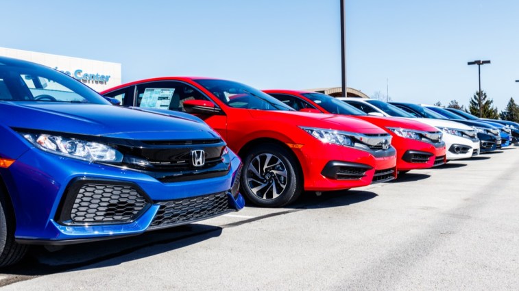 Cars lined up at a Honda dealership