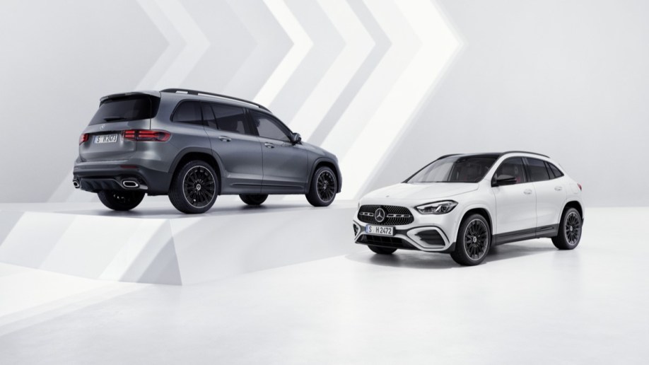 The 2024 Mercedes-Benz GLA seen from a front quarter angle, and GLB seen from a rear quarter angle