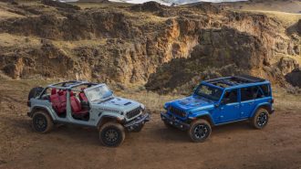 A pair of redesigned 2024 Jeep Wranglers showing roof options