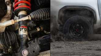 A pair of Toyota-released teasers show the front shocks and rear tires of the 2024 Toyota Tacoma TRD Pro