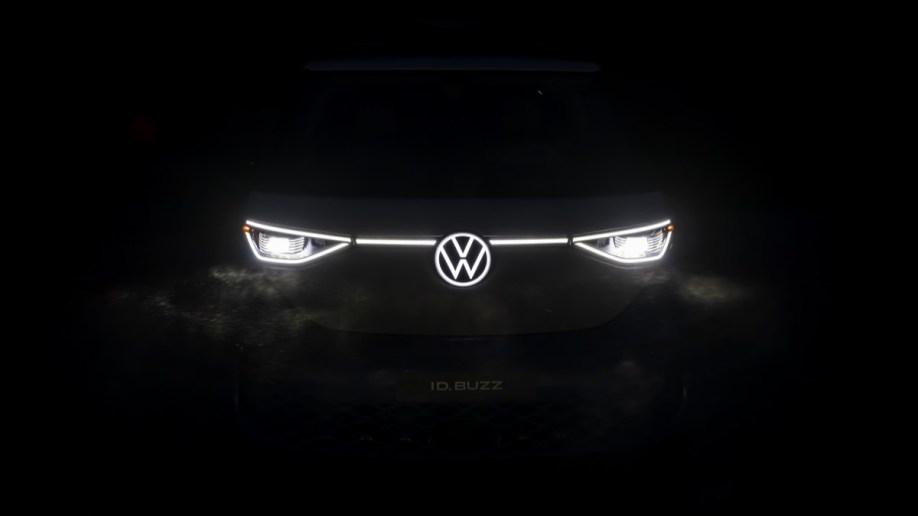 A teaser photo showing the lights of the Volkswagen ID.BUZZ electric minivan