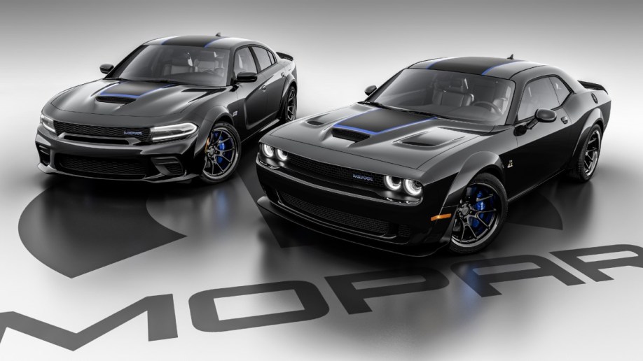 The 2023 Dodge Charger and Challenger Mopar Editions seen from a front quarter angle