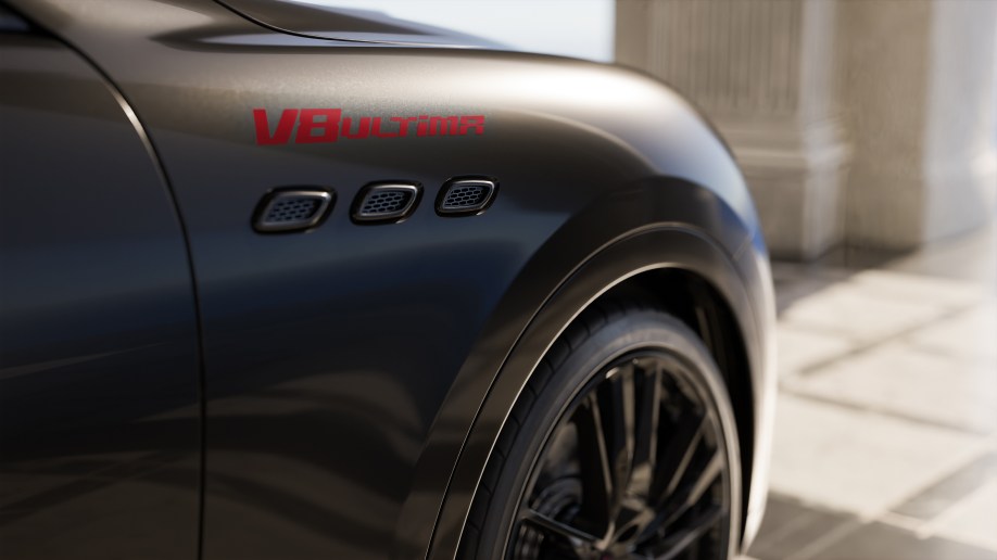 The unique badge and fender portholes of the Maserati Levante V8 Ultima