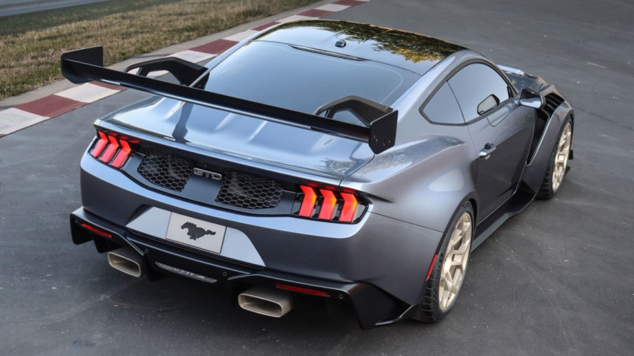 The 2025 Ford Mustang GTD seen from a rear quarter angle