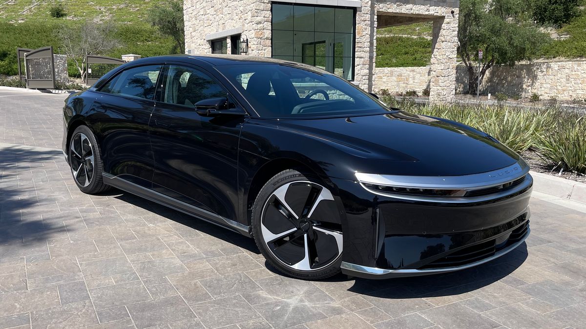 2023 Lucid Air Pure in black near stone building.