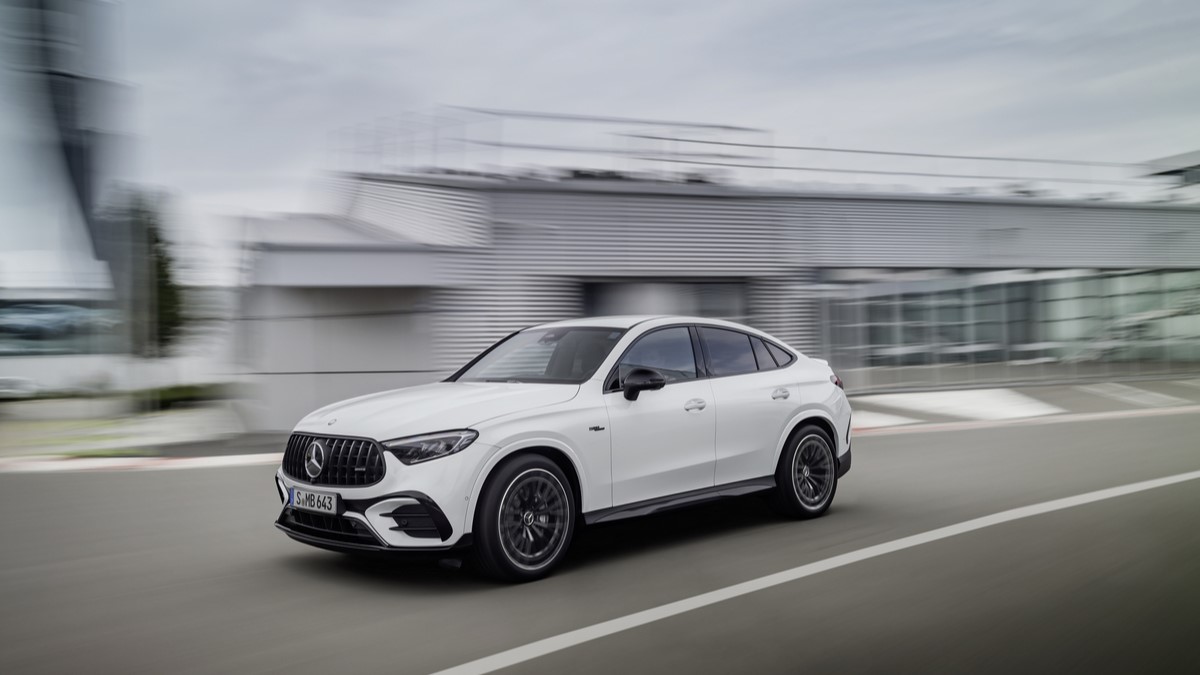 The 2024 Mercedes-AMG GLC coupe seen from a front quarter angle