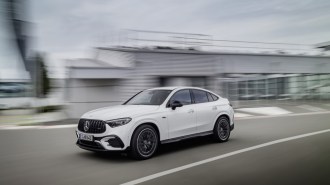 The 2024 Mercedes-AMG GLC coupe seen from a front quarter angle