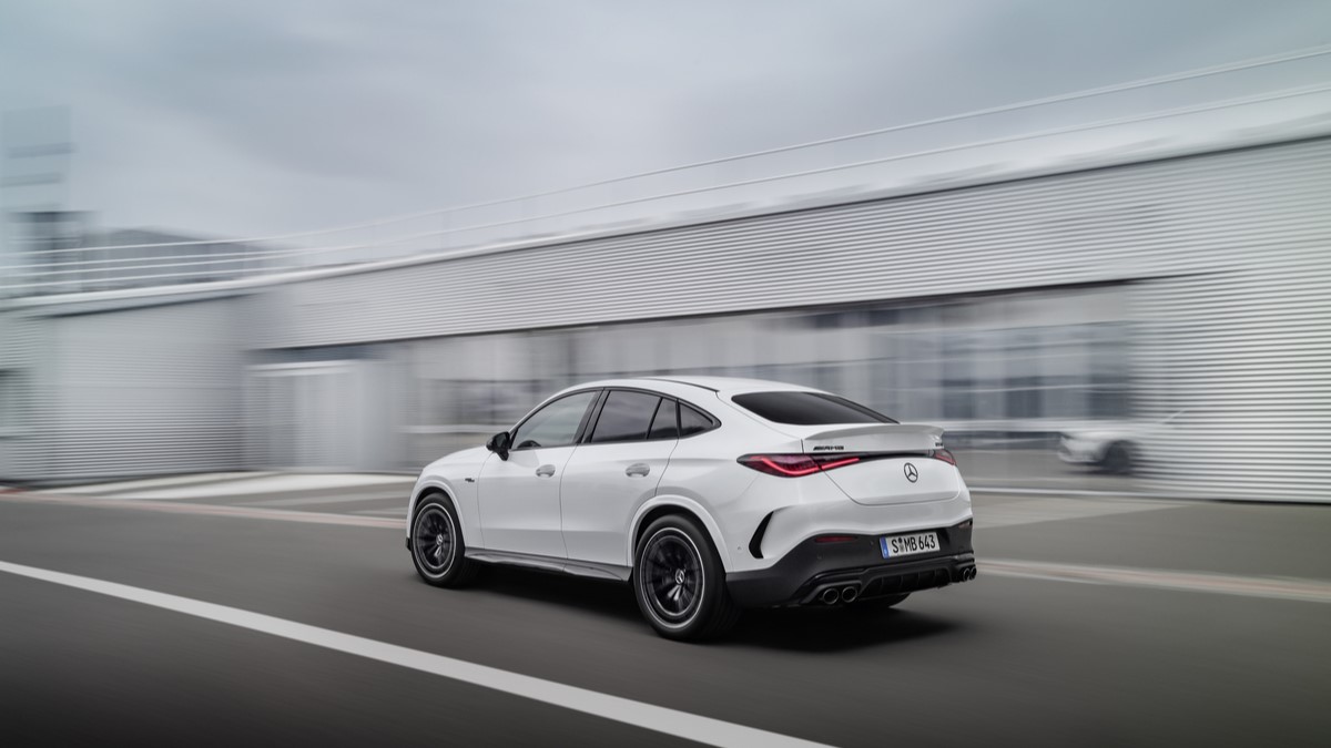 The 2024 Mercedes-AMG GLC coupe seen from a rear quarter angle