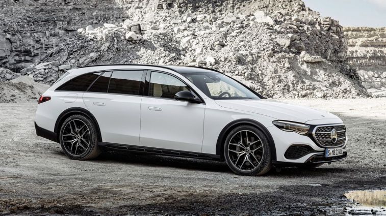 2024 Mercedes-Benz E-Class All Terrain in white near a rocky hill.
