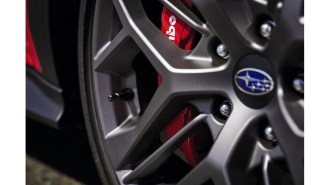 A teaser shot showing a wheel of the upcoming 2024 Subaru WRX TR