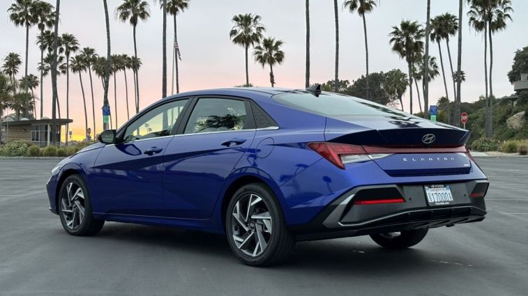 Rear view of the 2024 Hyundai Elantra Hybrid in blue