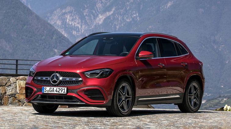 2024 Mercedes-Benz GLA in red with mountains in the background.