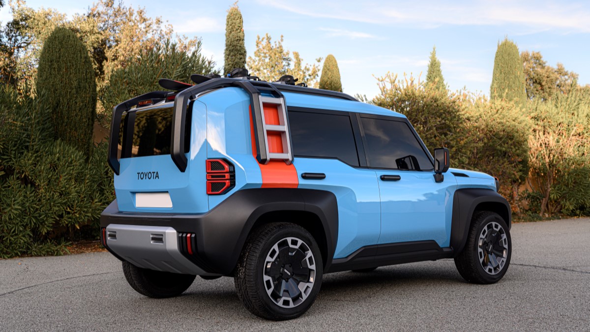The Toyota Compact Cruiser EV Concept seen from a rear quarter angle