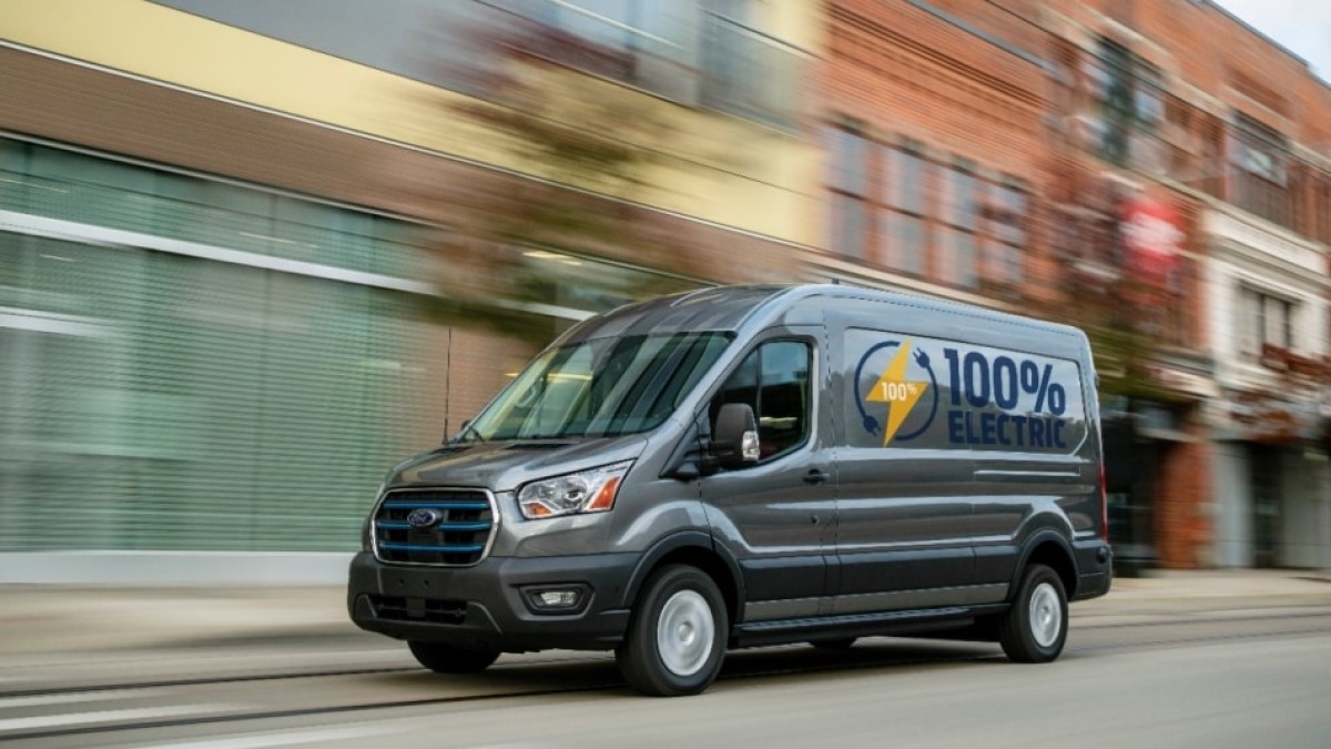 A 2023 Ford E-Transit electric van seen from a front quarter angle