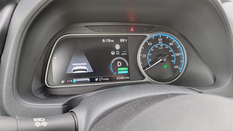 The Nissan Leaf's  range estimate reads 27 miles.