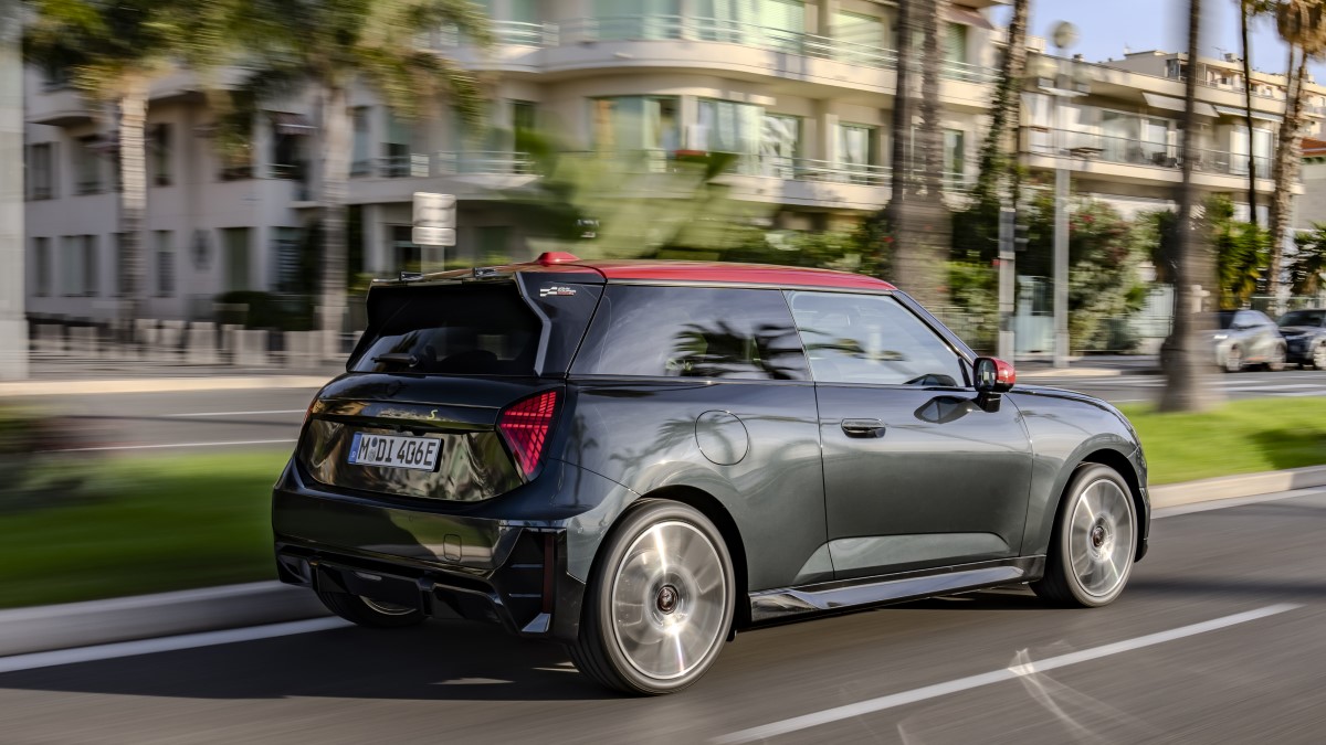 The 2025 Mini Cooper SE John Cooper Works seen from a rear quarter angle