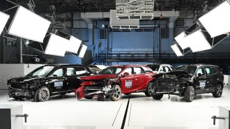 A group of 2023 luxury midsize SUVs after IIHS crash testing