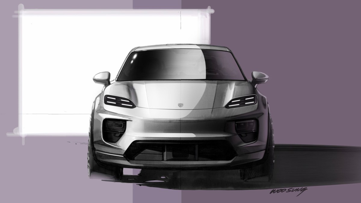 A sketch Porsche released showing the front-end view of the 2025 Porsche Macan EV