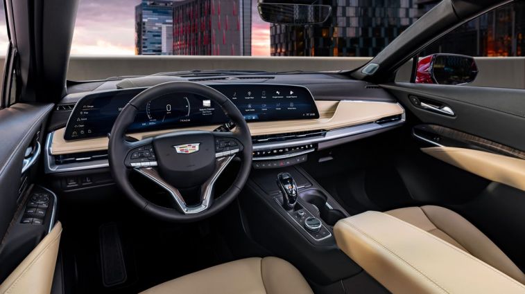 2024 Cadillac XT4 front cabin trimmed in Oxford Stone and Jet Black.