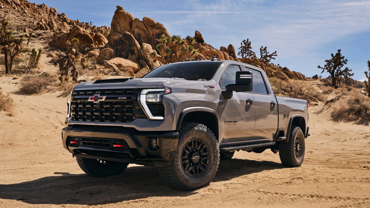 2024 Silverado HD ZR2 in grey near rocks in the desert.