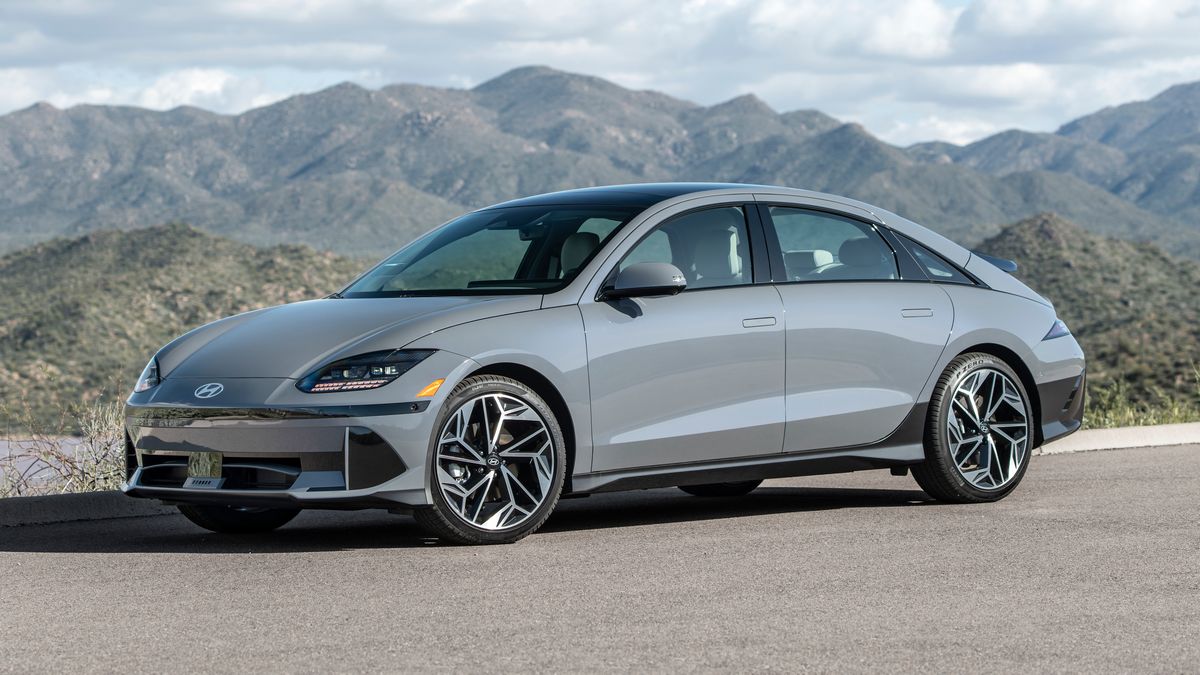 2024 Hyundai IONIQ6 Limited in grey with hills in the background.
