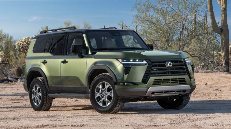 2024 Lexus GX Overtrail in Nori Green with saguaro cactus in the background.