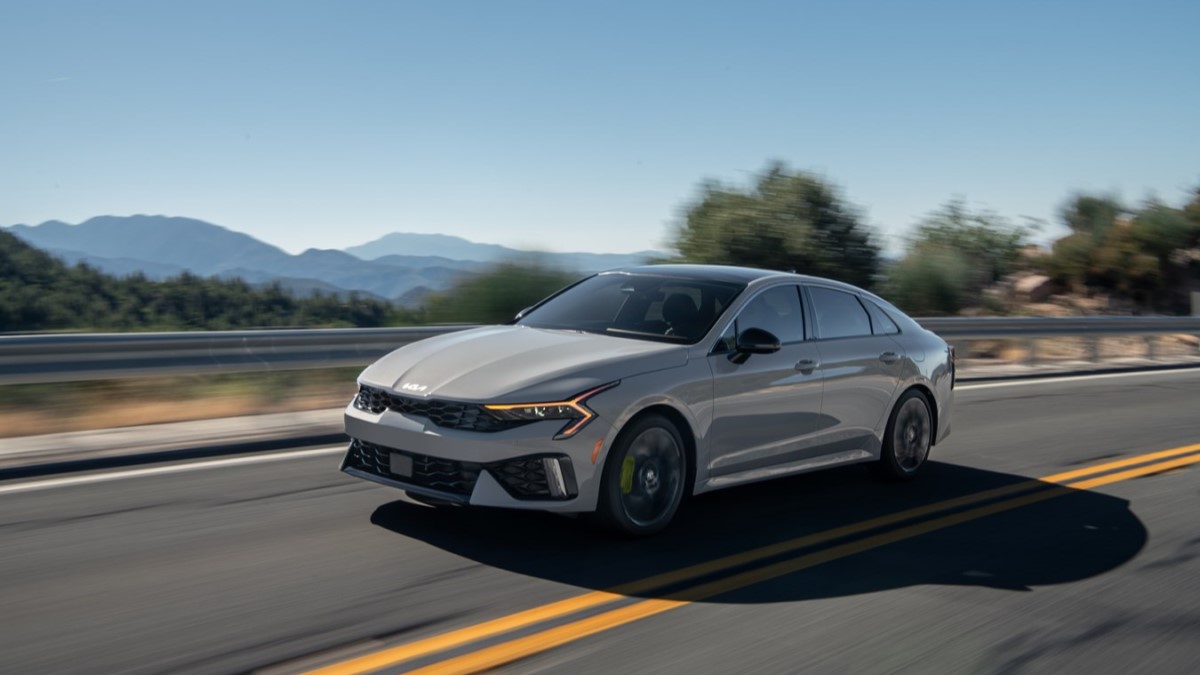 The 2025 Kia K5 seen from a front quarter angle