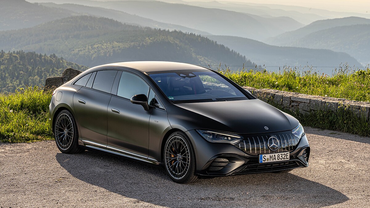 The 2024 Mercedes-AMG EQE seen from a front quarter angle