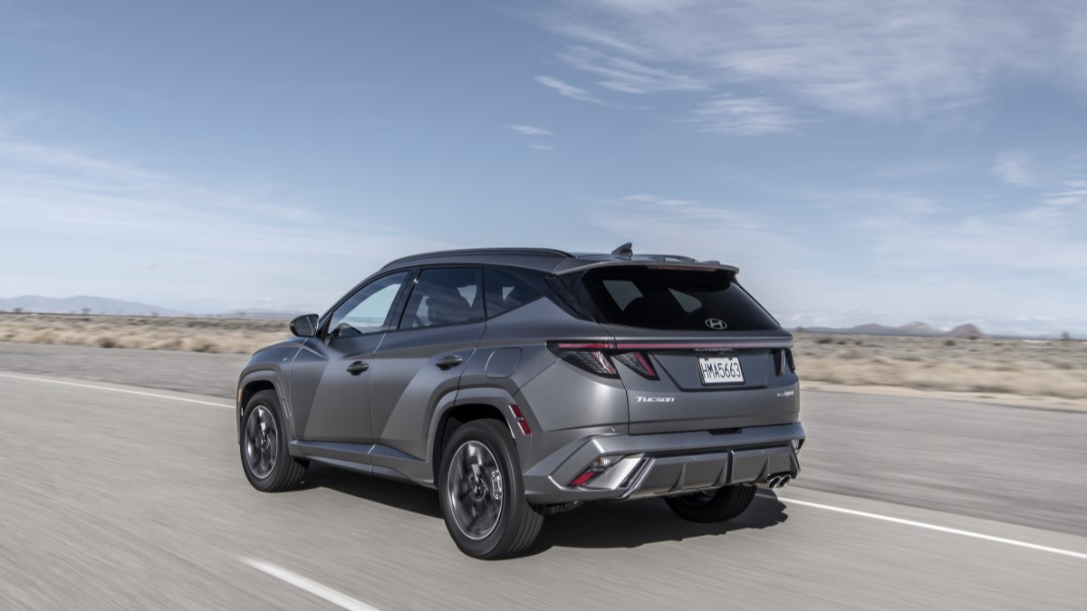 The 2025 Hyundai Tucson seen from a rear quarter angle