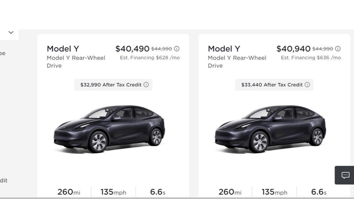 Tesla Model Ys posted on the company's website with discounts