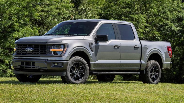 2024 Ford F-150 STX parked on grass with trees in the background.