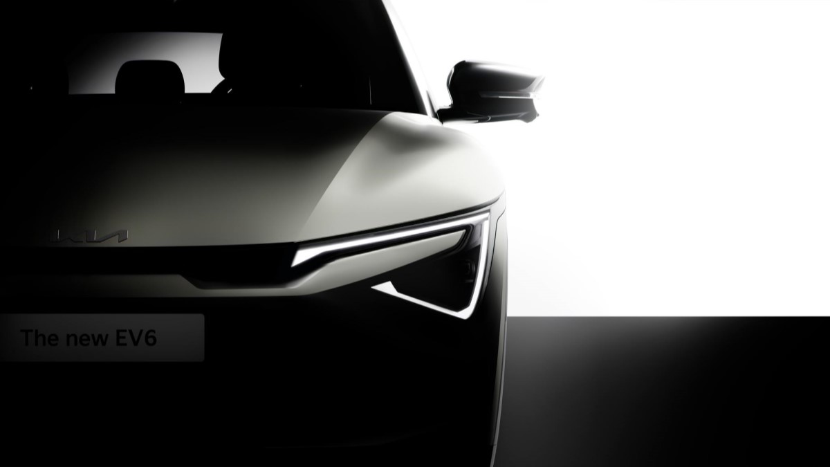 A teaser photo showing the front lights of the 2025 Kia EV6