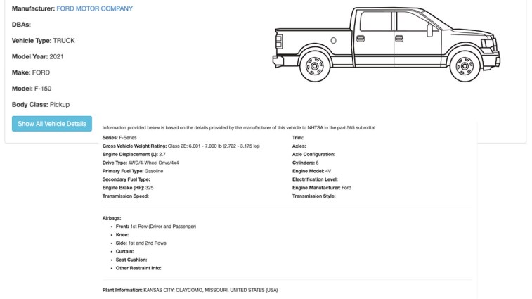 NHTSA VIN search results for a 2021 Ford F-150