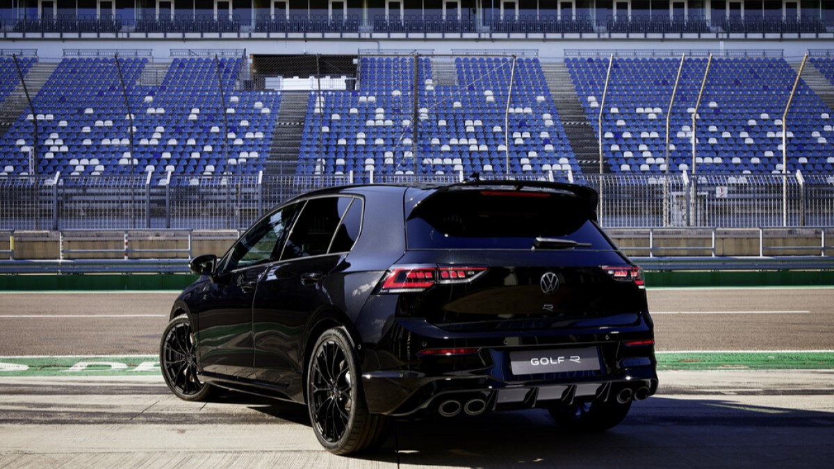 The 2025 Volkswagen Golf R seen from a rear quarter angle