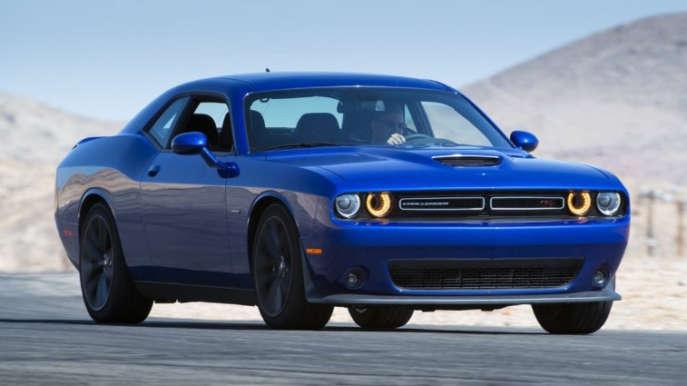 2019 Dodge Challenger in blue on the road.