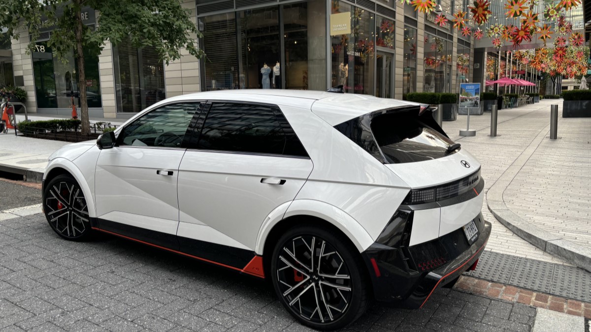 The 2025 Hyundai Ioniq 5 N seen from a rear quarter angle