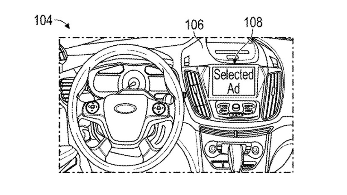 A drawing accompanying a Ford patent application for an in-car advertising system
