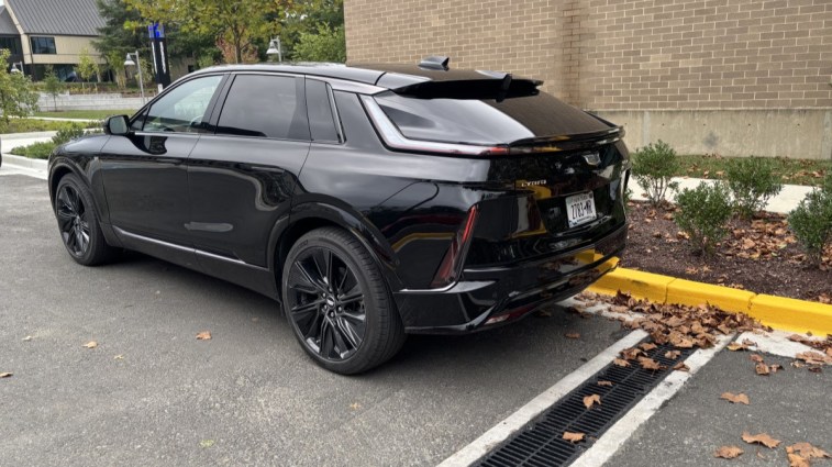 The 2024 Cadillac Lyriq seen from a rear quarter angle