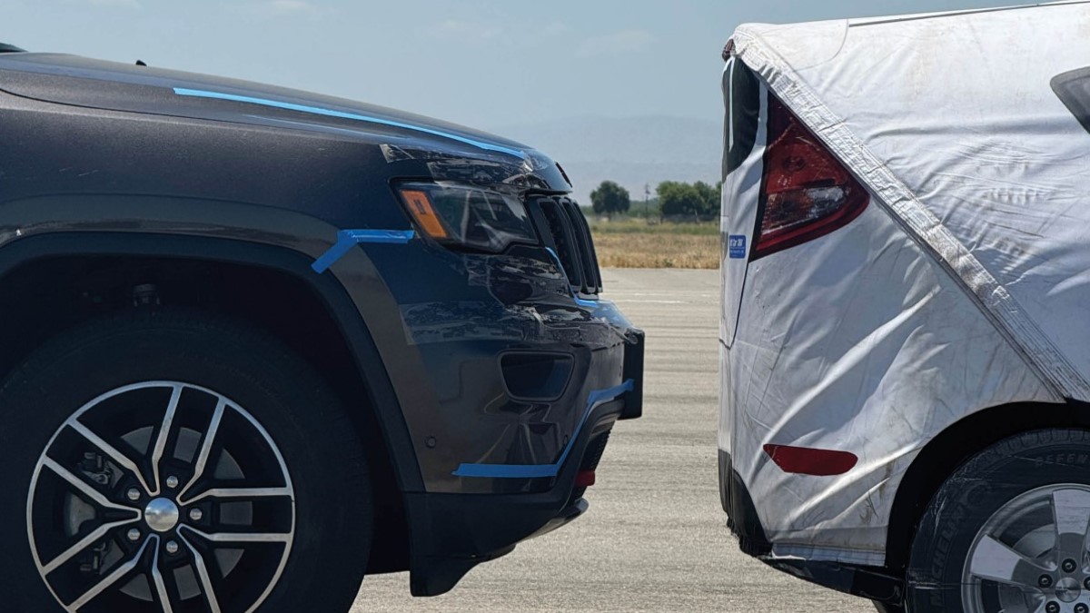 A still photo of an automatic emergency braking test, courtesy of AAA
